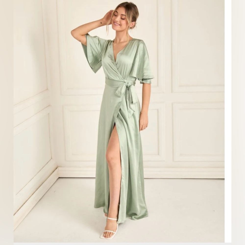 SIX STORIES - Wrap Tie Satin Bridesmaid Dress - Sage, Size US 12